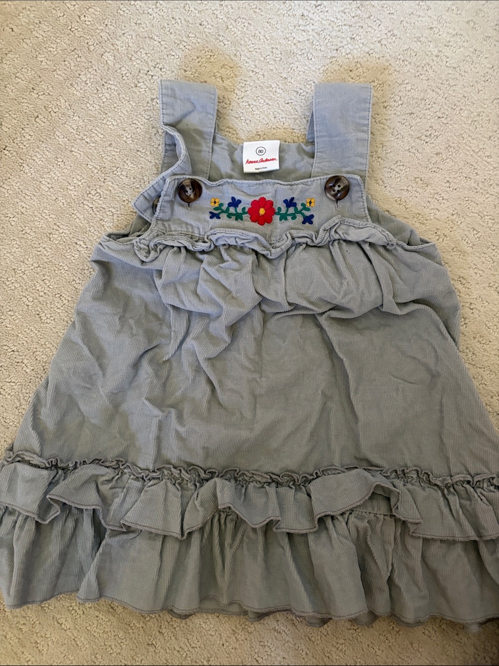 Hanna Andersson Gray Ruffle Pinafore Dress with Multicolor Floral Embroidery